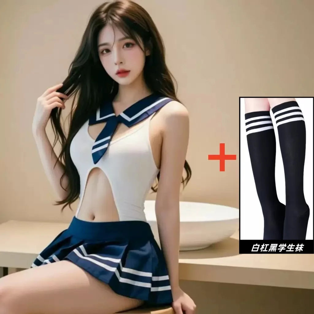 Sexy JK Uniform Lingerie Set for Women Plus Size Pure Desire Student Style Cos Sailor Suit Academy One-Piece Crotchless Lingerie