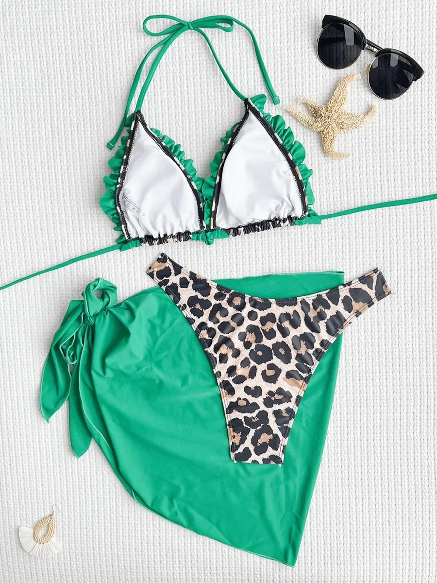 With Skirt Sarong Leopard 3D Ruffled Bikini Female Swimsuit Women Swimwear Three-pieces Bikini Set Bathing Suit Swim Beachwear