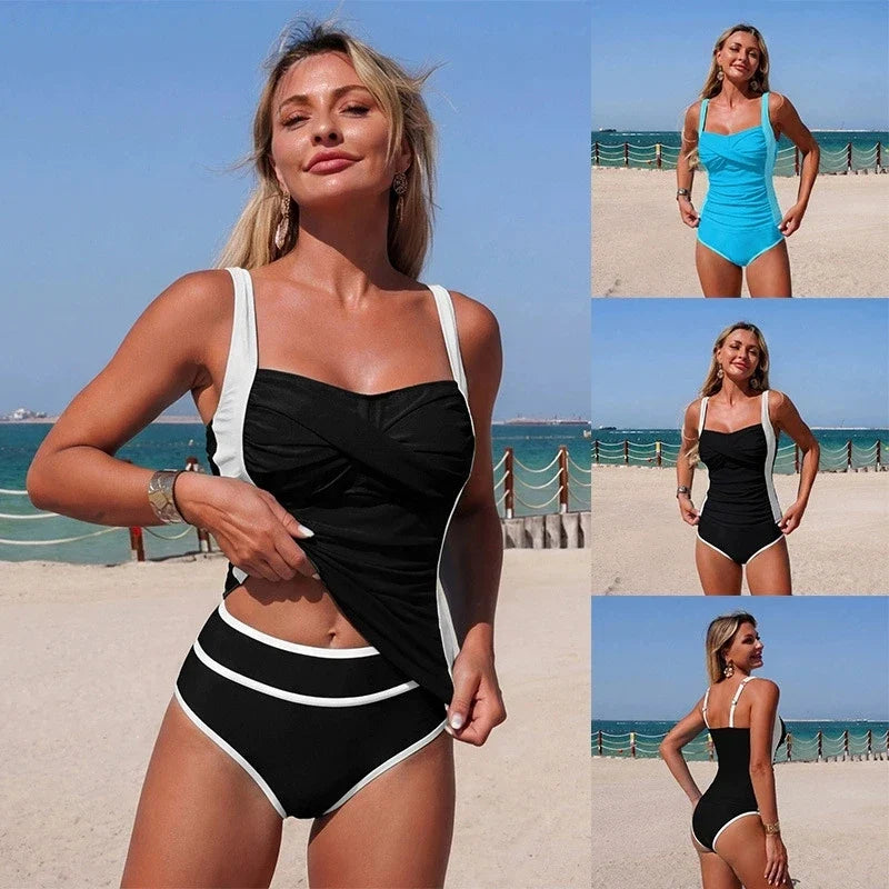 Vintage Black White Patchwork Bikini Set 2026 Women Pleate Slim Cross Tank Top High Waist Swimsuit Beach Bathing Suit Swimwear
