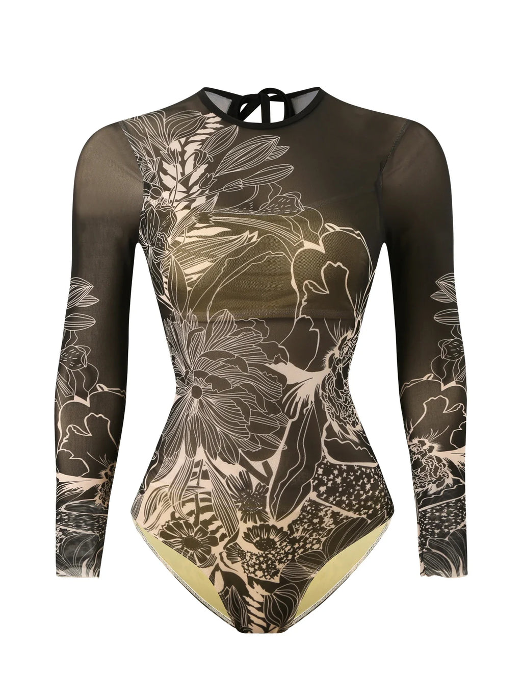 2026 Printed Mesh Swimsuit One Piece & Beach Dress Long Sleeves Swimwear Women Bathing Swimming Swim Suit Padded Beachwear