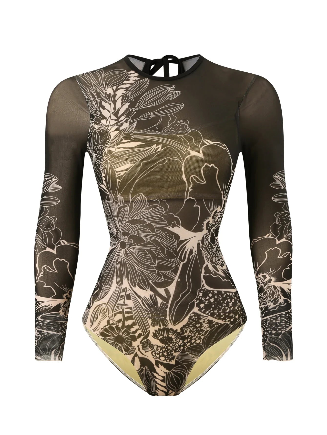 2026 Printed Mesh Swimsuit One Piece & Beach Dress Long Sleeves Swimwear Women Bathing Swimming Swim Suit Padded Beachwear