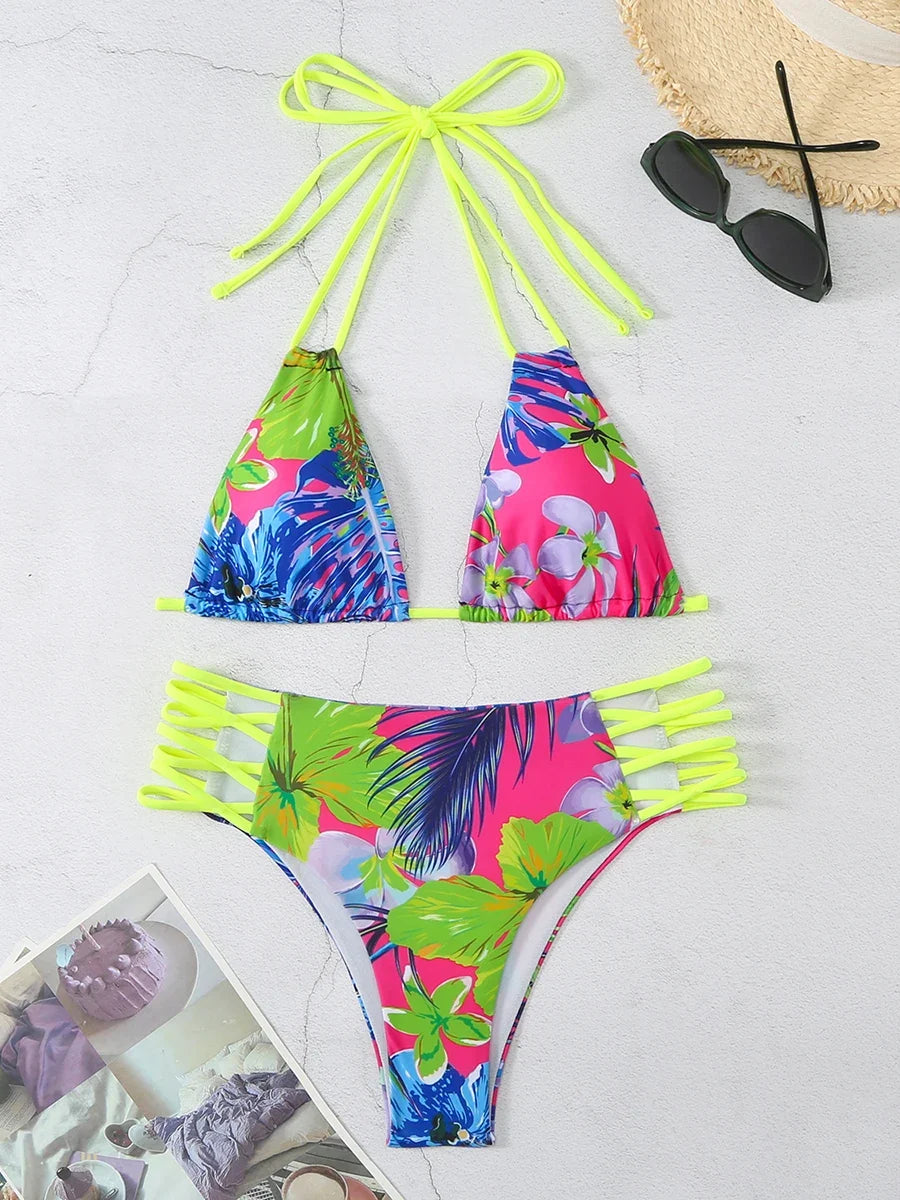 Halter String Floral Bikini 2026 High Waist Swimsuit Women Padded Swimwear Female Bathers Bathing Swimming Swim Suit Beachwear
