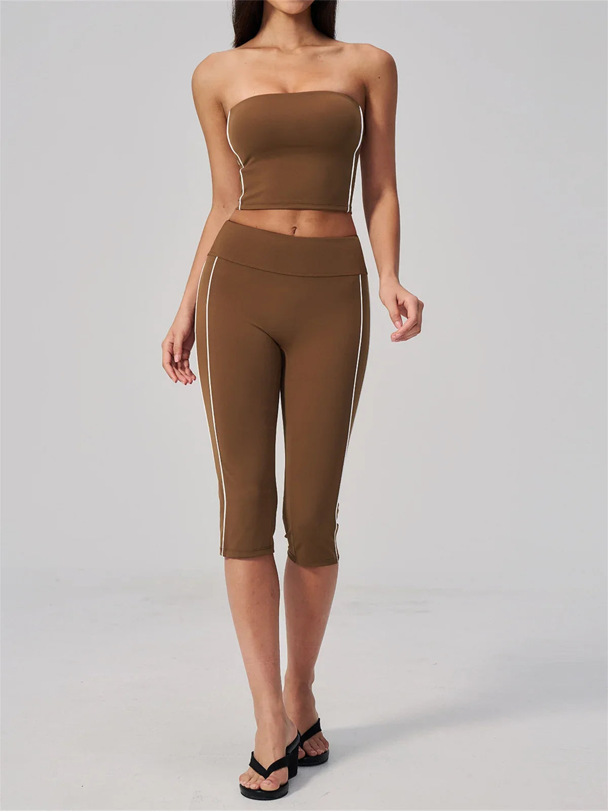 Color Blocked Strapless Yoga Suit 2 Pieces Women Sports Bra High Waist Leggings Fitness Suit Outwear Running Push Up Tracksuit