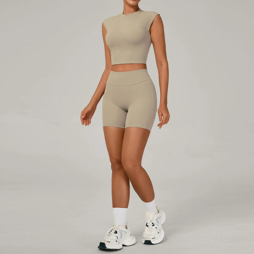 Naked Yoga Sets Women Quick Drying Slim Sports Shirt Fitness Suit Outdoors Sport High Waist Shorts Tight Running Workout Clothes
