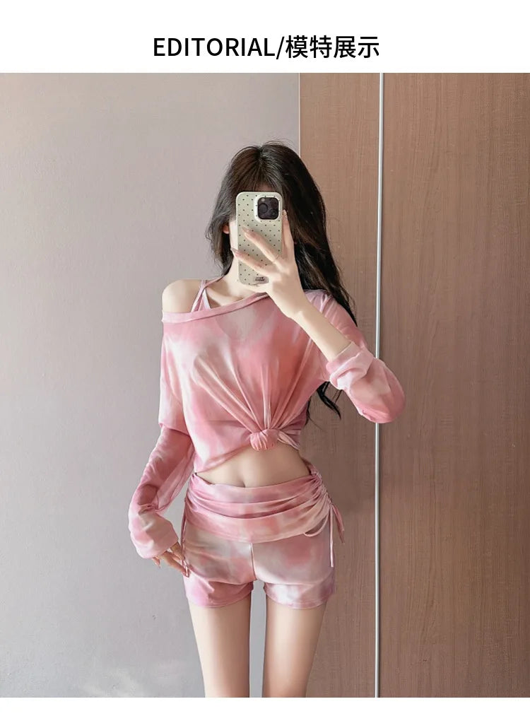 Two-piece swimsuit conservative three-piece set 2026 new slimming and flesh-covering long-sleeved hot spring swimwear