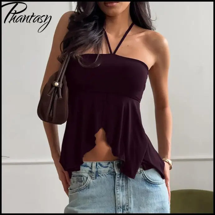 Phantasy Fashion Halter Crop top Fashion Brown Tank Top Women Sexy Split Camisole Lady Night Out Streetwear 2026 Summer Clothing