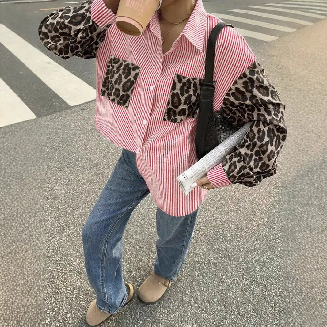 2026 New Women's Loose Casual Leopard Stripe Patchwork Long Sleeve Shirt with Pockets Turn Down Collar Blouse Top