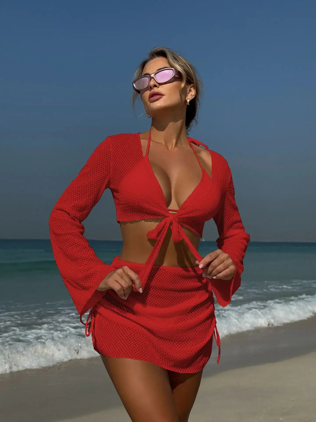 Summer 4 Piece Bikini Set 2025 Women Sexy Black Long Sleeve Cover Up and Skirt Swimsuit Beach Bathing Suit Holiday Swimwear