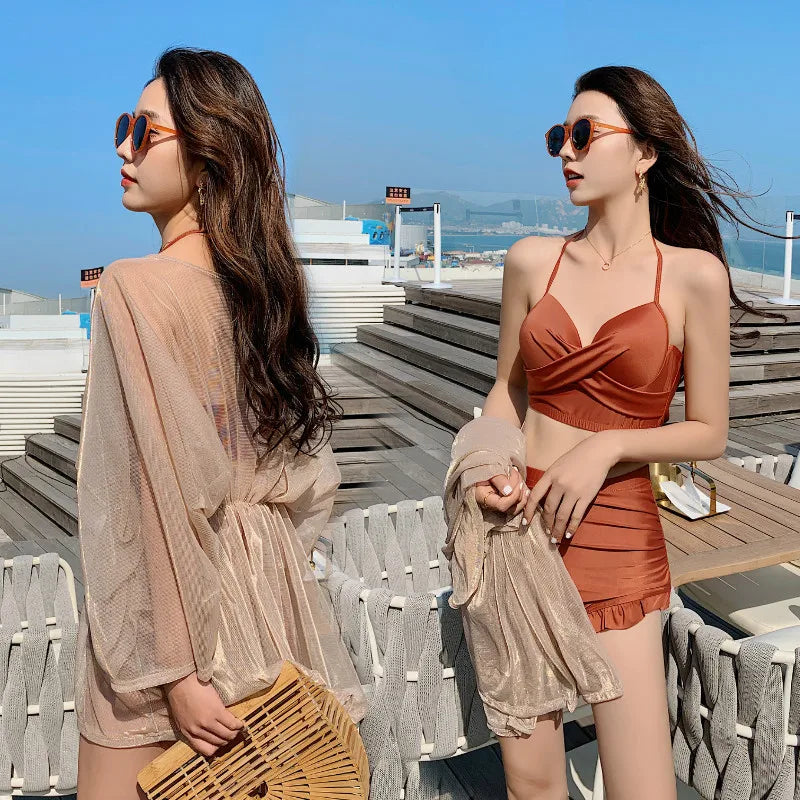 New women's swimsuit split bikini three-piece boxer long-sleeved spa swimsuit