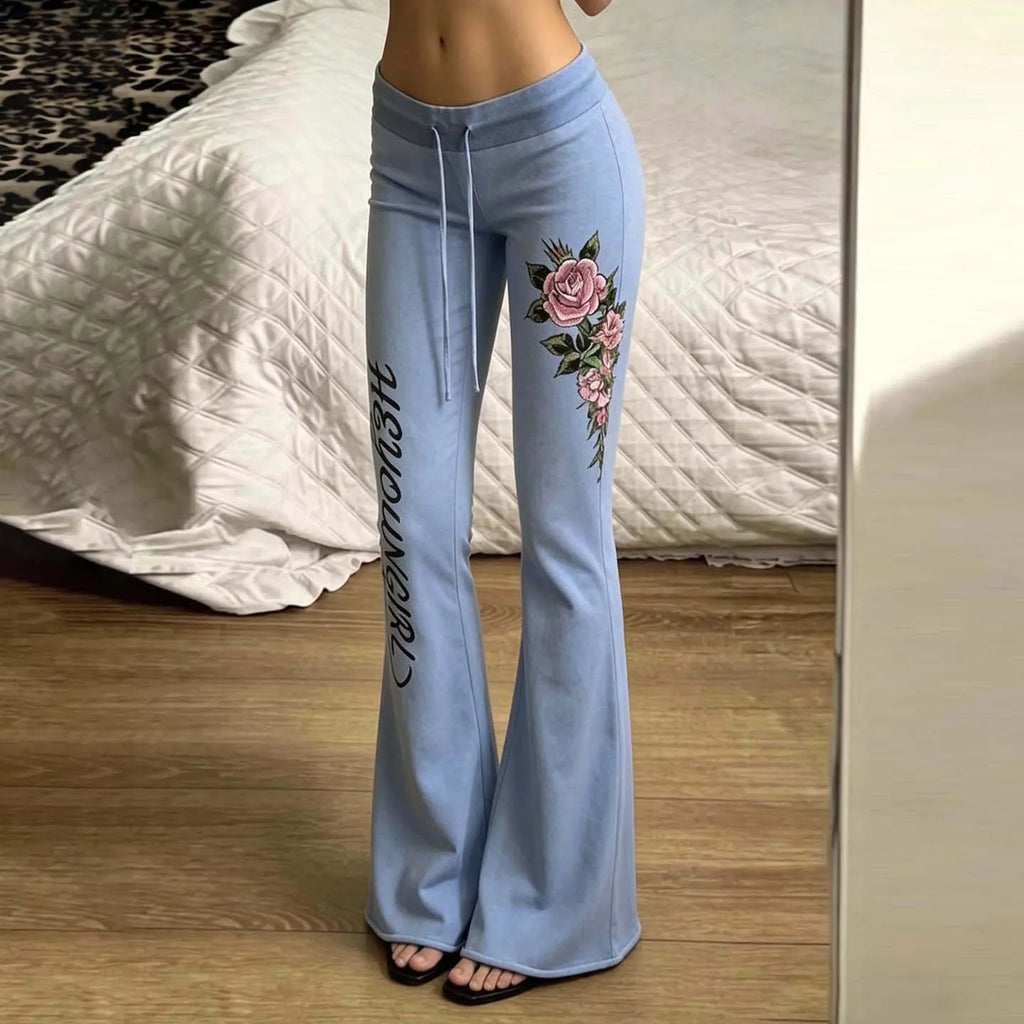 Retro rose letter print low-waist drawstring flared trousers, slim fit and versatile casual trousers