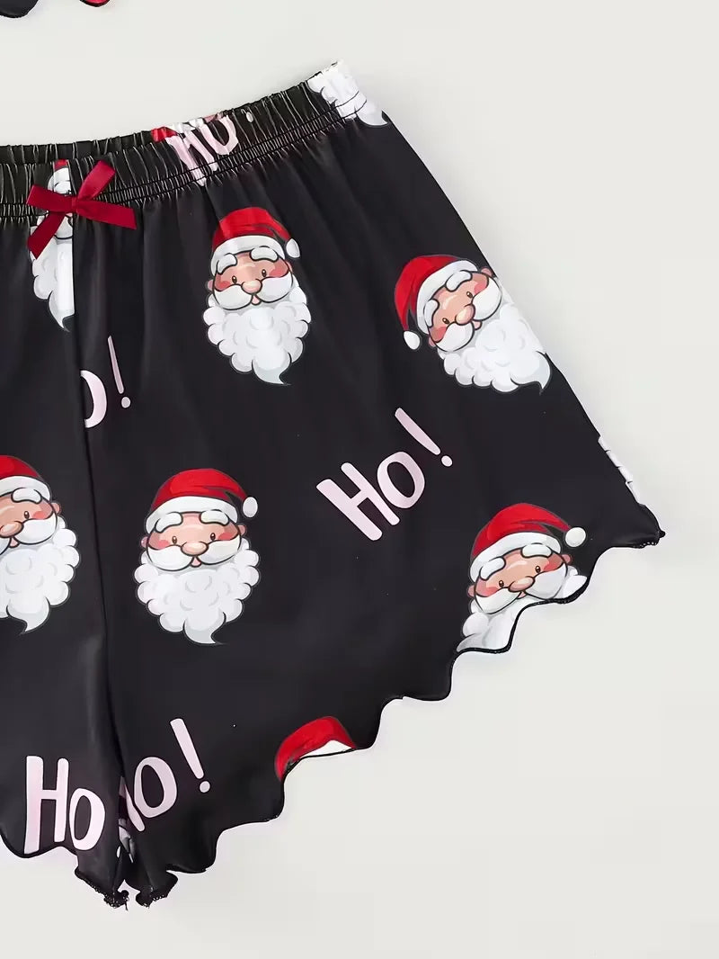 Women Sleepwear Christmas Santa Print Crew Neck Sleeveless with Spaghetti Strap Top and Shorts Pajama Set Loungewear