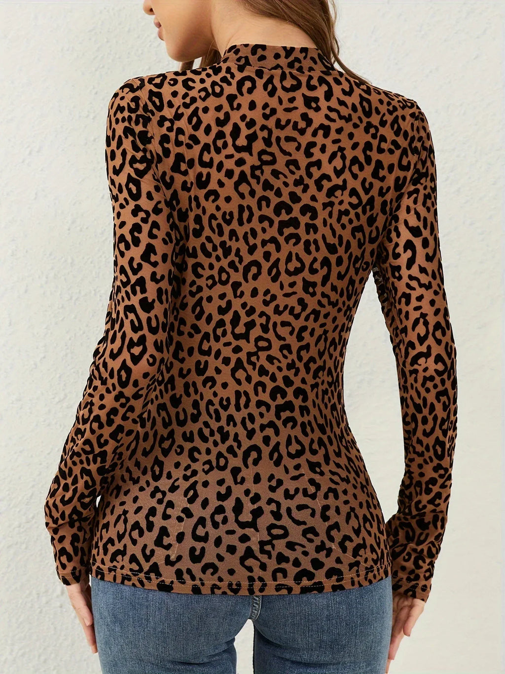 European and American sexy single-layer bra, stand-up collar, mesh bottoming top, women's leopard print inner top