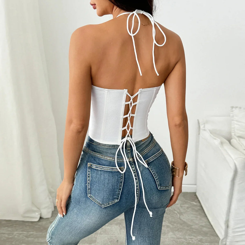 Sexy Imitation Denim Patchwork Lace Corset Women Black White Front Buckle Fishbone Hanging Neck Tie Rope Backless Tank Top Vest