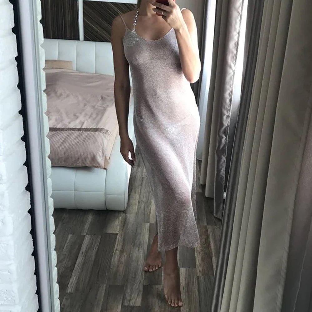 Sexy Sheer Net Mesh Knitted Glitter Tunic Beach Cover Up Cover-ups Long Beach Dress Beach Wear Beachwear Female Women Robe V651