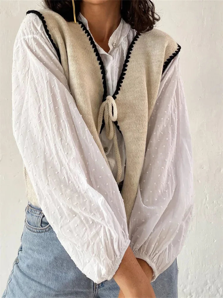Women's Knit Waistcoat Contrast Color Trim Lacing Closure V-Neck Sleeveless Knit Sweater Vest Cardigan Outerwear