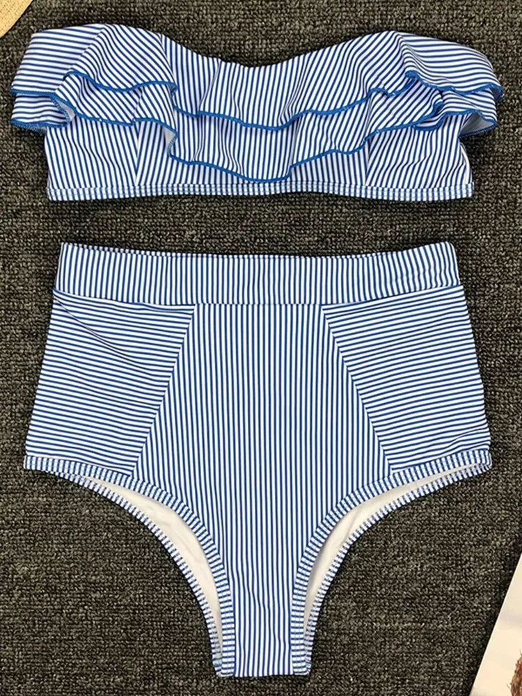 2025 Striped Top Ruffle High Waist Bikini Women Swimwear Female Swimsuit Two-pieces Bikini set Bandeau Bikinis Bathing Suit Swim