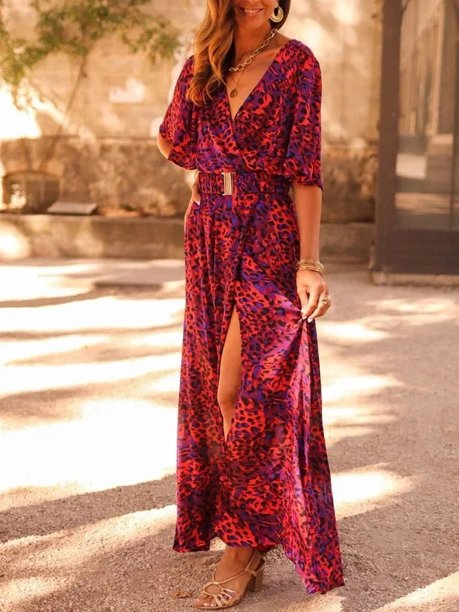 Spring Summer Printed Dress Short Sleeved Deep V-neck Slimming Waist Long Dresses Temperament Slit Dresses Vestidos Para Mujer