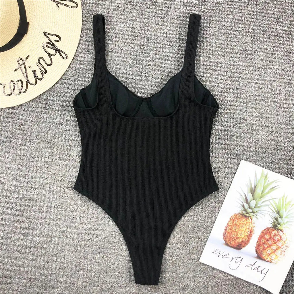 S - XL New Sexy High Cut Women Swimwear Ribbed Underwired One Piece Swimsuit Female Bather Bathing Suit Swim Lady Bodysuit V1607