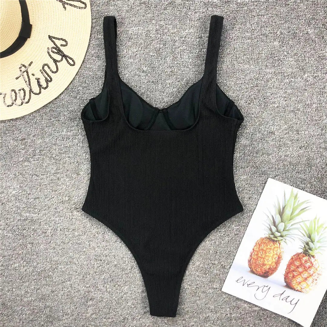 S - XL New Sexy High Cut Women Swimwear Ribbed Underwired One Piece Swimsuit Female Bather Bathing Suit Swim Lady Bodysuit V1607