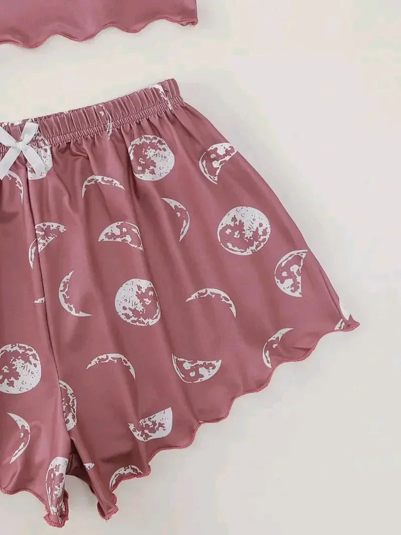 Summer Sleepwear Women 2 Pieces Pajama Set Pink Black Moon and Planet Print Sports Camisole and Shorts Set Casual Loungewear
