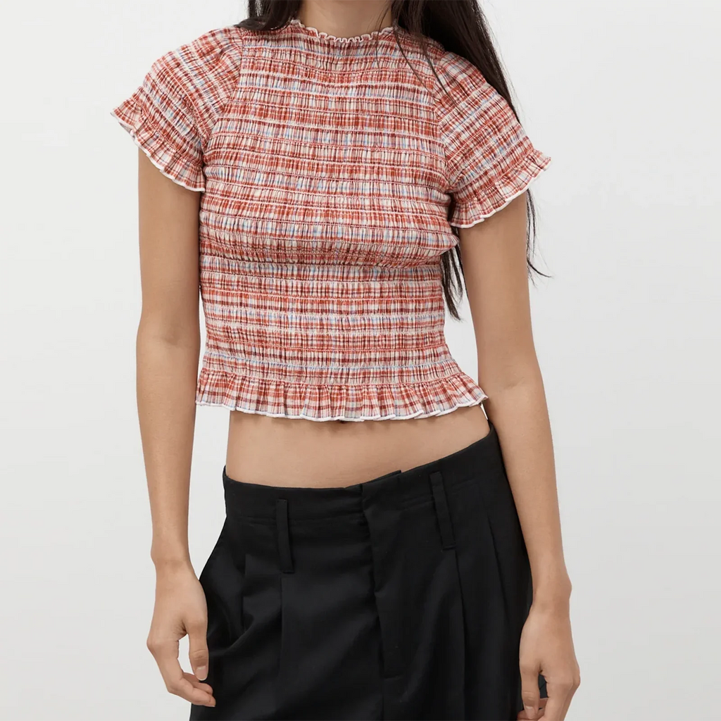 Women Casual Summer Plaid Print Shirred Tops Slim Mock Neck Short Sleeve Crop Ruffle T-shirts Streetwear