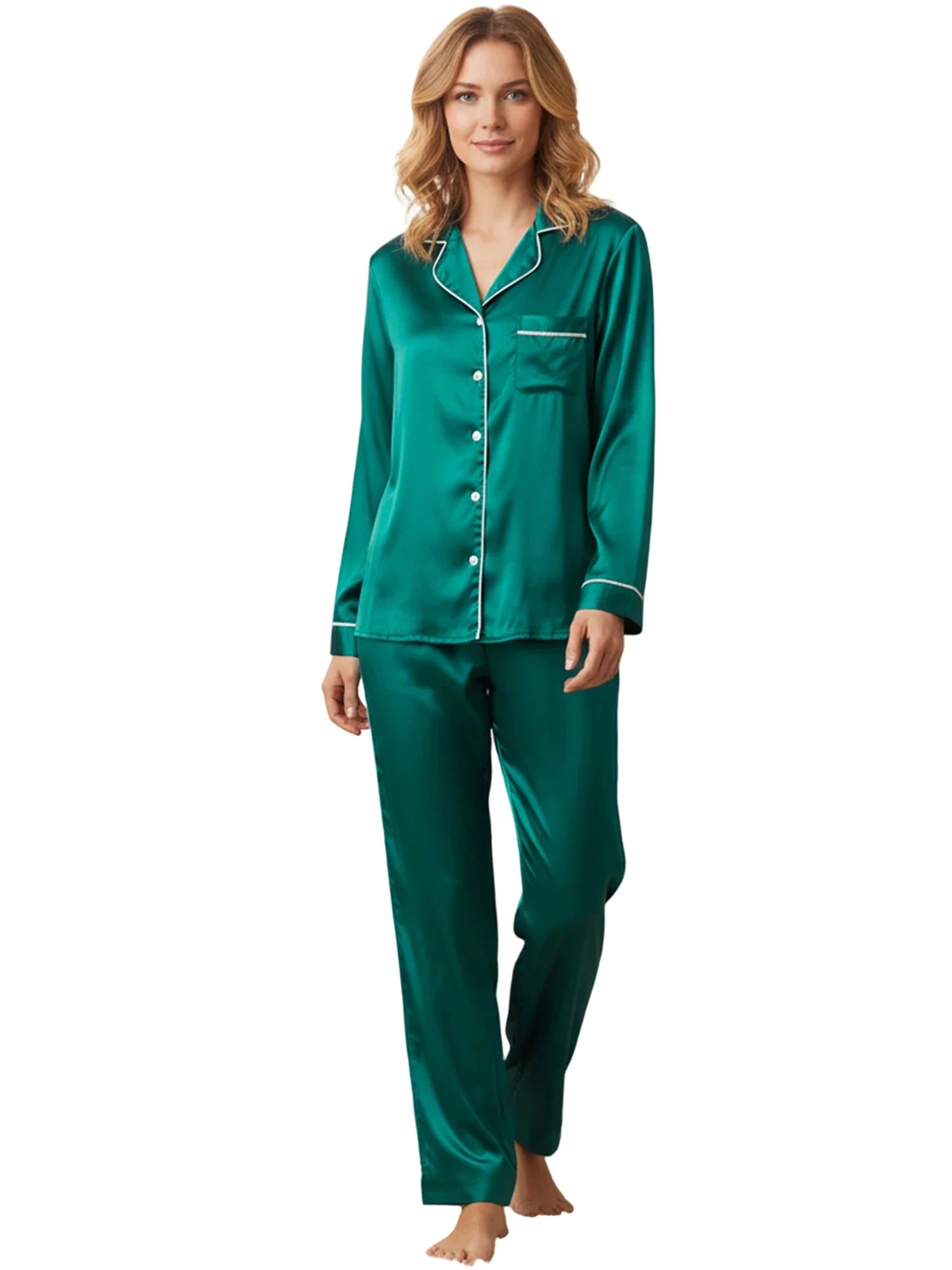 Women's Satin Two Pieces Pajama Sets Fashionable Contrast Color Trim Long Sleeve Button Down Tops with Pants Soft Sleepwear