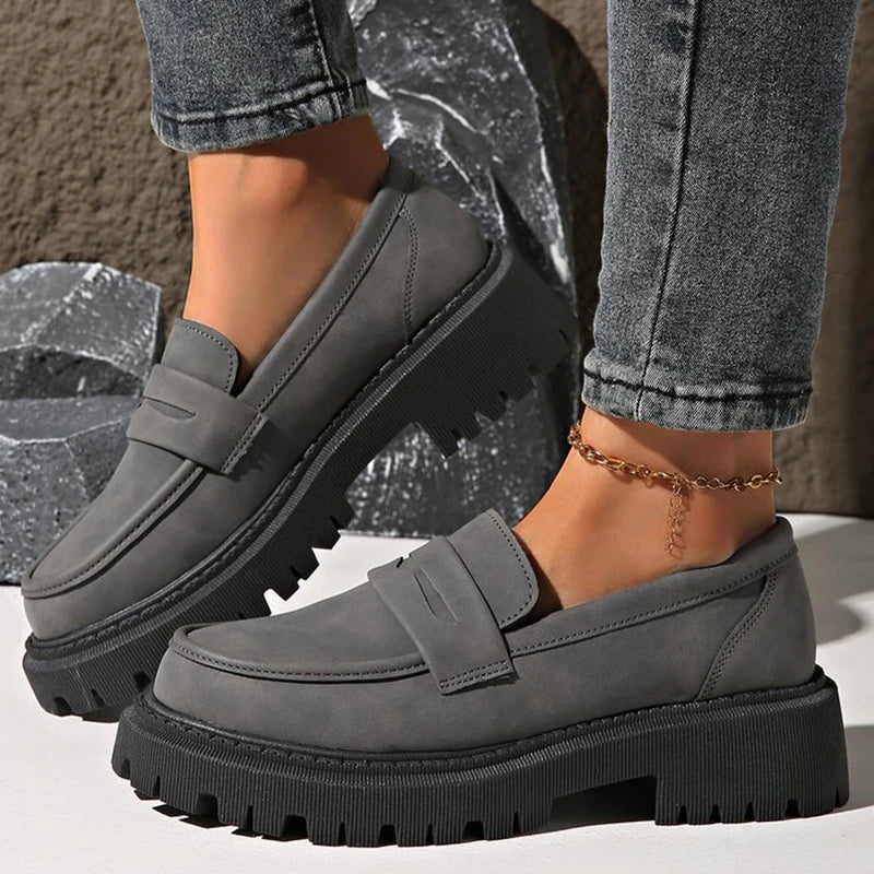 Basic Gray Faux Suede Loafers Shoes Women Slip On Round Toe Loafers Shoes Woman Spring Autumn Plus Size Platform Shoes Ladies
