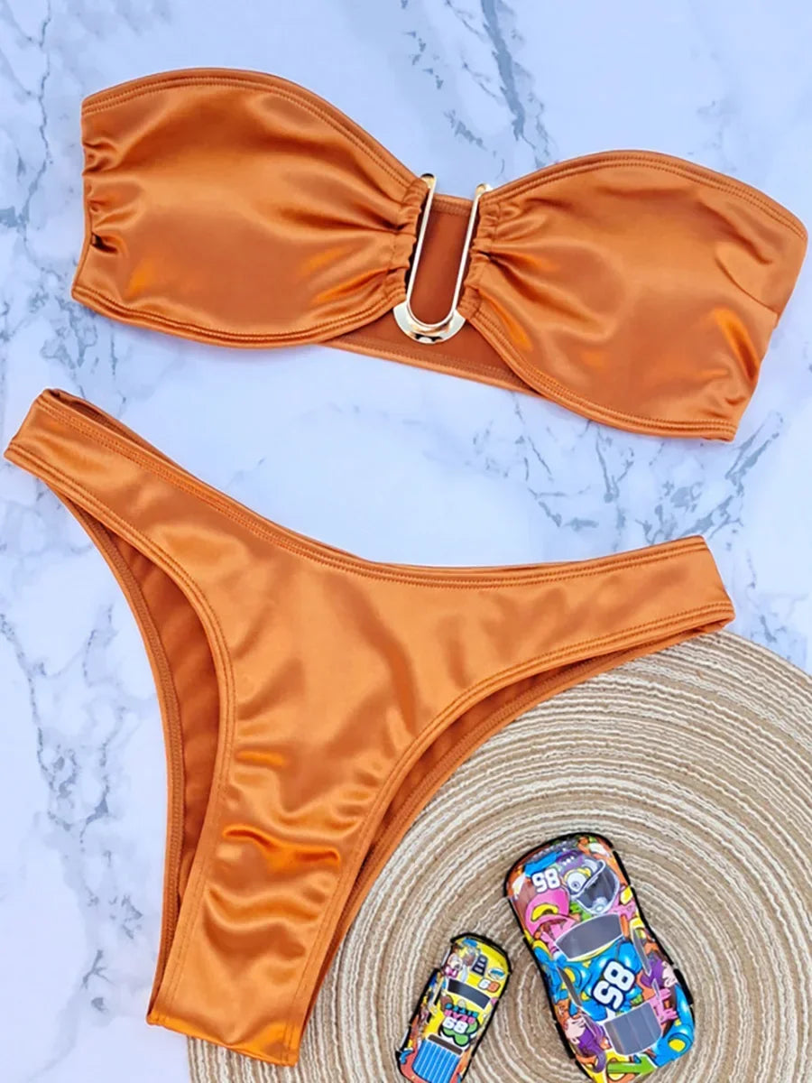 Bandeau Bikinis 2025 Strapless Satin Bikini Female Swimsuit Women Swimwear Two-pieces Bikini Set High Cut Bathing Suit Swim Lady