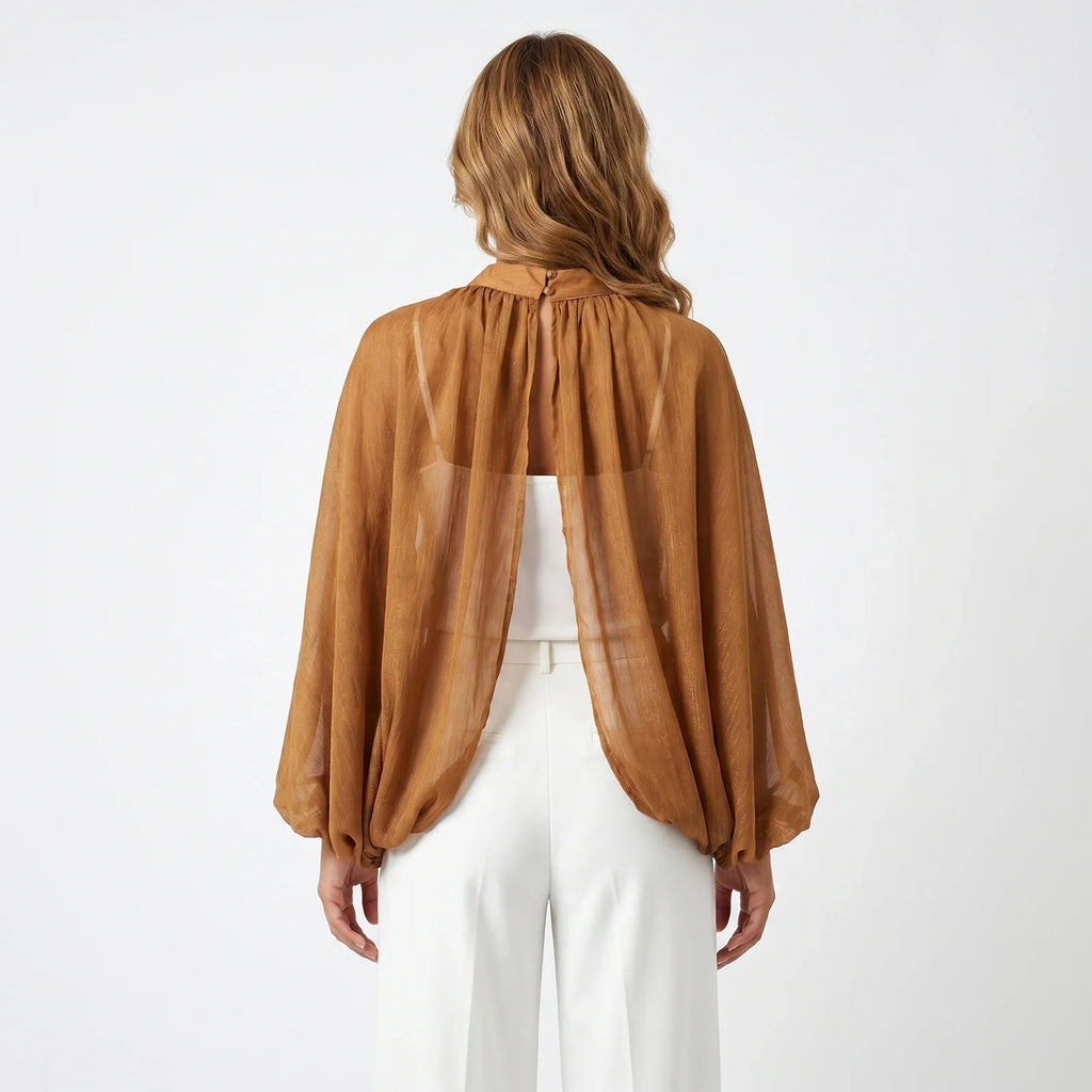 Women's Spring Summer Solid Color Sheer Blouse Glitter Long Sleeve Mock Neck Open Front Tops Streetwear