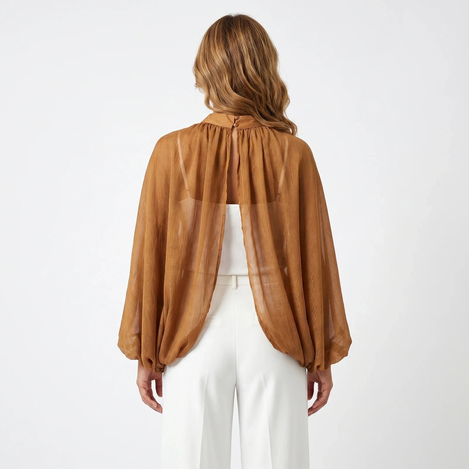 Women's Spring Summer Solid Color Sheer Blouse Glitter Long Sleeve Mock Neck Open Front Tops Streetwear
