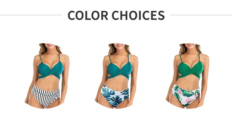 3 Colors Sexy Bikini Women Push Up Swimwear Swimsuit Striped Leaves Print Cross Straps Bowknot Backless High Waist Bikinis Set