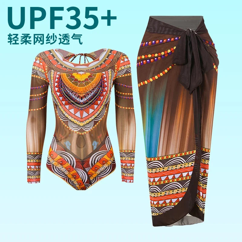 2025 Long Sleeve Sheer Sun Protection One-Piece Set Swimsuit Women Sexy Rash Guard Swimwear Bodysuit Beachwear With Cover up