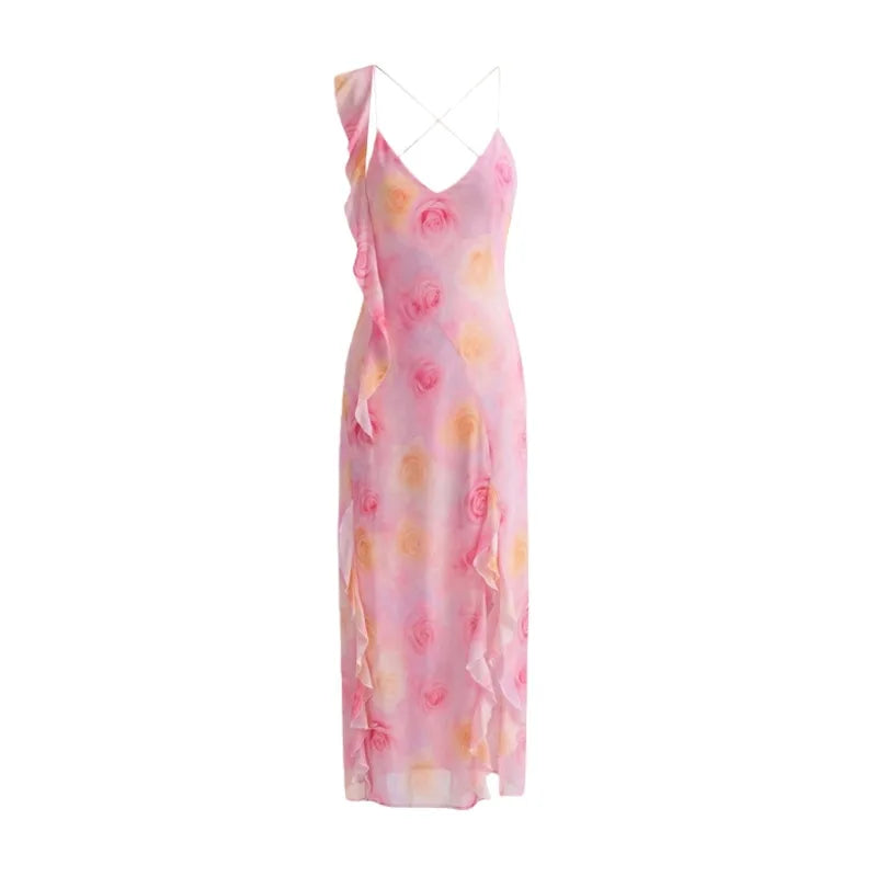 Deep V-neck Strap Dress Sexy Ruffled Long Dress Womens Pink Rose Print Strap Dress Ruffle Sleeveless Summer Beach Dress GO0Y