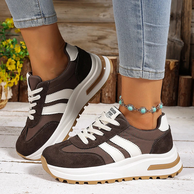 Fashion Stripe Thick Bottom Sneakers Women 2026 Autumn Platform Lace Up Sport Shoes Woman Anti Slip Thick Sole Running Shoes