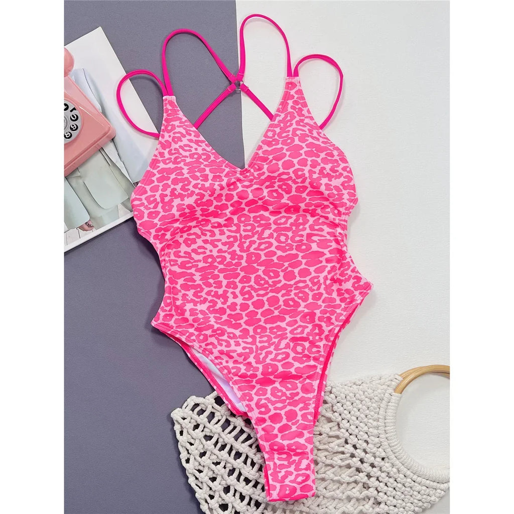 S - XL Sexy Leopard Printed V Neck Women Swimwear One Piece Swimsuit Female Backless High Leg Cut Bather Bathing Suit Swim V4808
