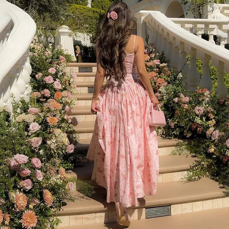 FDYOUI 2026 Summer Spaghetti Strap A-line Floral Vacation Dress for Women Elegant High Waist Tunics Long Party Evening Dresses