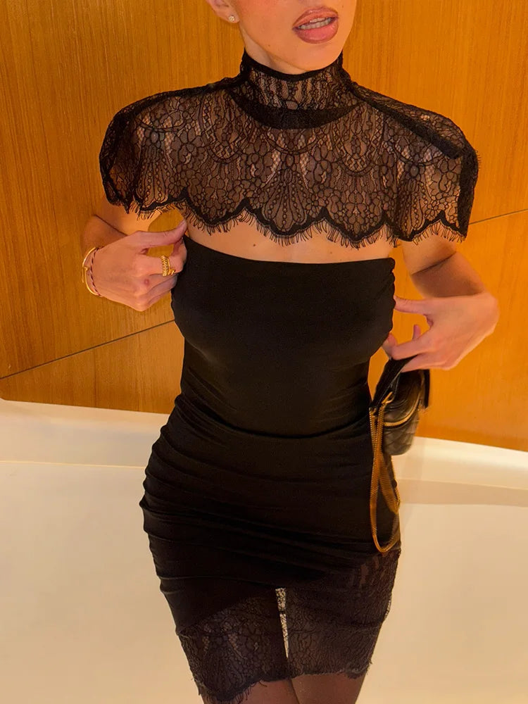 Ahagaga Sexy Women's Mini Dresses Solid Patchwork Lace Slash Sleeveless Sheath Bodycon Sheer Regular Casual Streetwear Vestidos