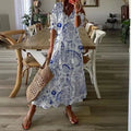 Foridol Casual Hollow Out V Neck White Lace Maxi Dress Vintage A-line Loose Embrioderied Floral Print Bohemian Long Sundress