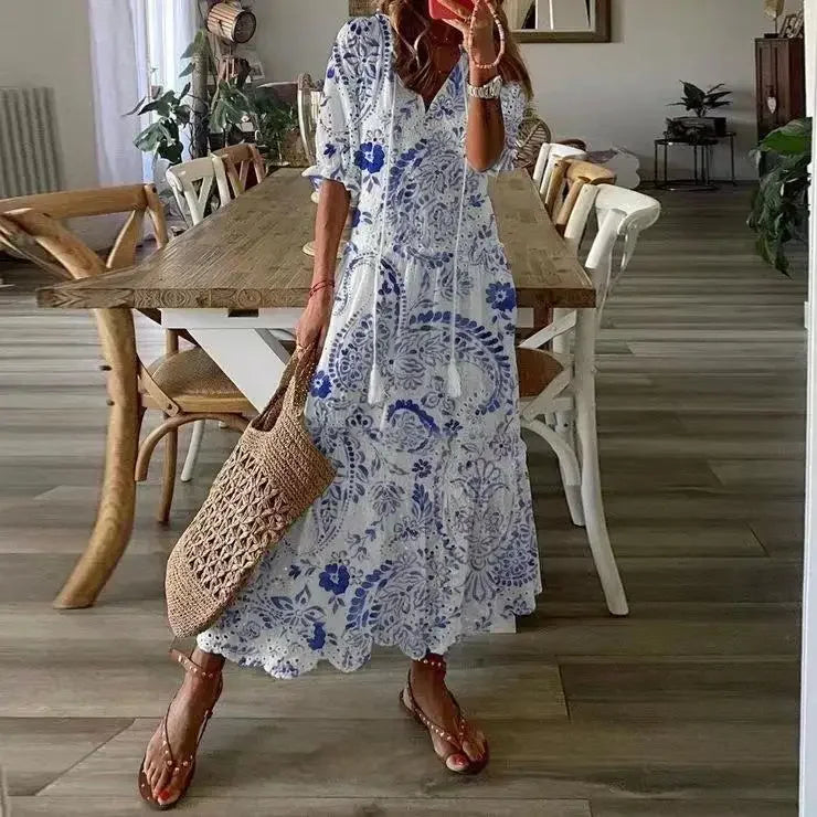 Foridol Casual Hollow Out V Neck White Lace Maxi Dress Vintage A-line Loose Embrioderied Floral Print Bohemian Long Sundress