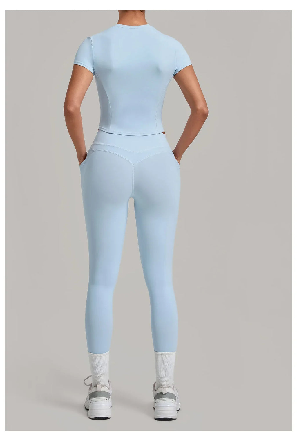 Women Tracksuit Yoga Sets Short Sleeve Slim Sports T Shirts Workout Clothes Outdoor Tight High Waist Pocket Pants Fitness Suits