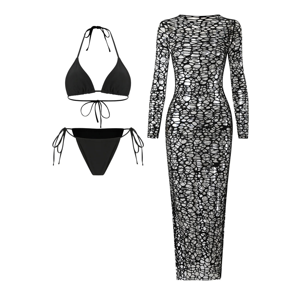 Sexy Hole Out Mesh Long Sleeve Dress 3 Piece Swimsuit 2026 Women Black Summer Push Up Thong Bikini Holiday Bathing Suit Swimwear