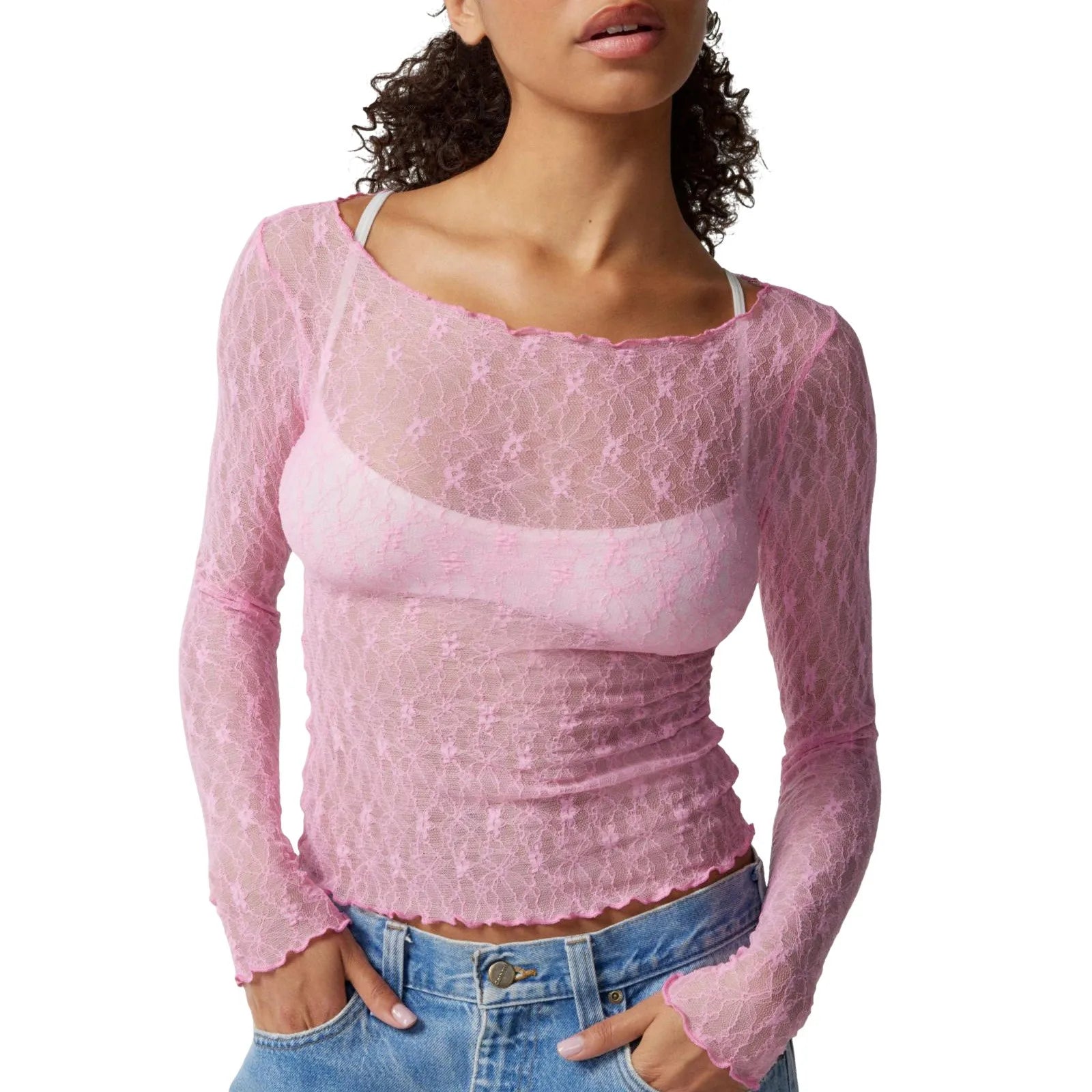 Sexy Lace Hot Girl Crop Tops Fashion Women Spring Autumn Long Sleeve Slim Fit Sheer T-Shirts Casual Streetwear Solid Basic Tees