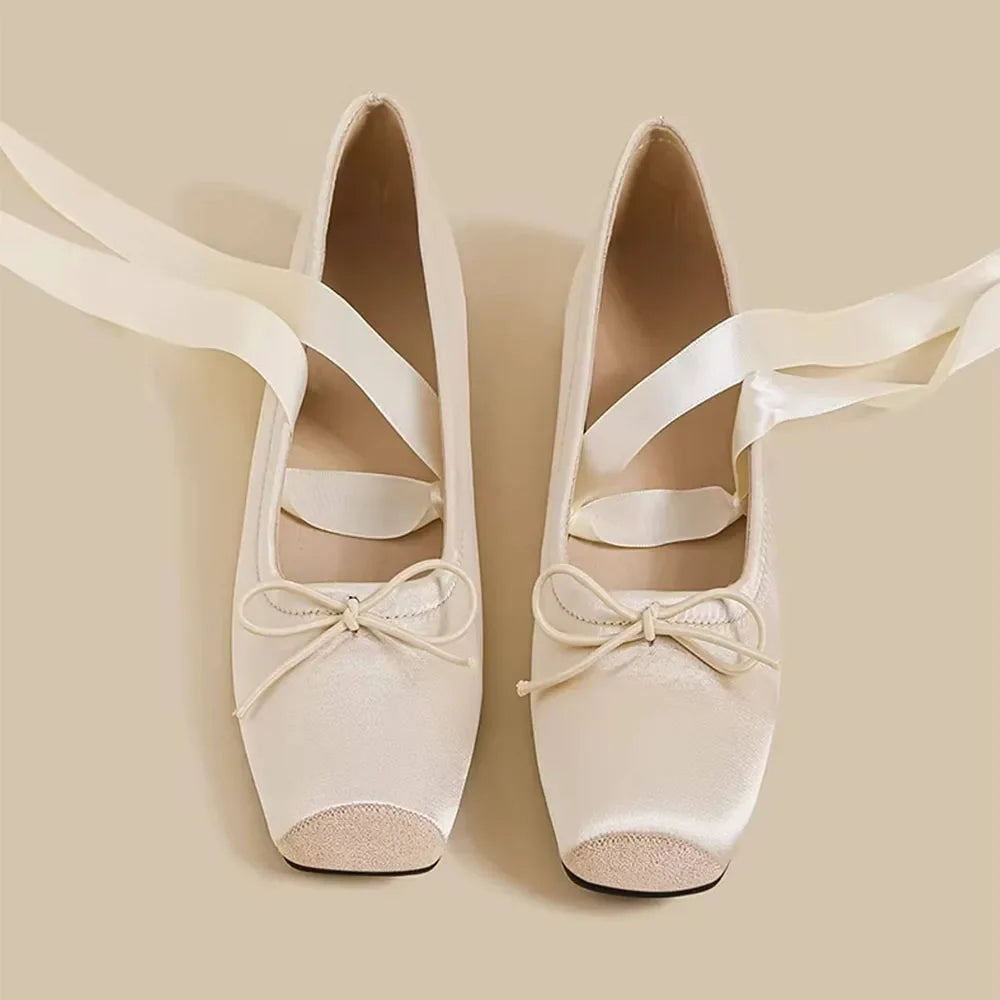 Balletcore Style Satin Lace-Up Flats for Women Black Ballerina Bow Detail Square Toe Ankle Wrap Ribbon Ballet Coquette Shoes