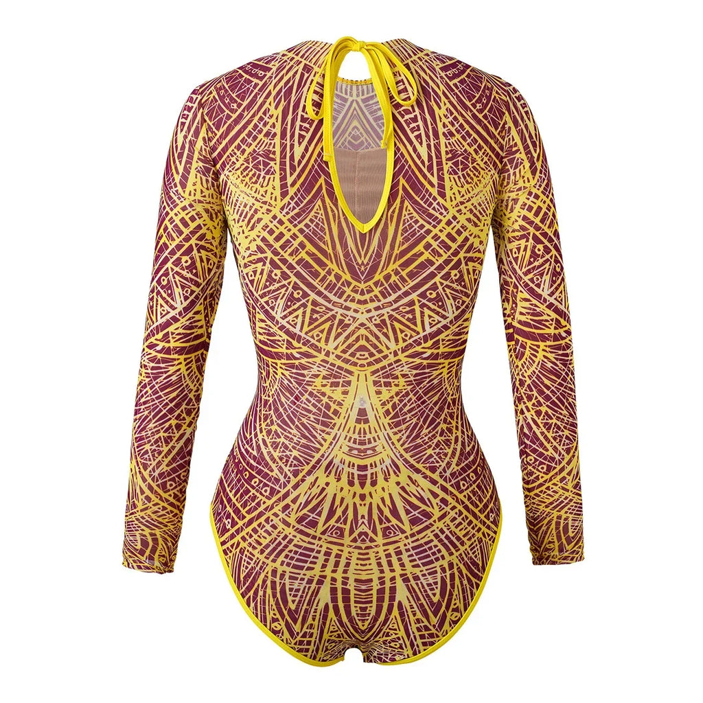 S - XL New Flower Printed Floral Long Sleeve With Pants One Piece Swimsuit Women Swimwear Female Bather Bathing Suit Swim V7099