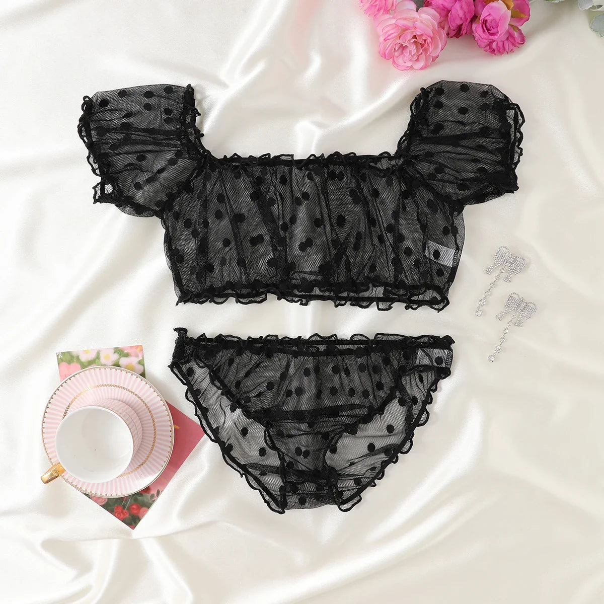 Women 2-Piece Transparent Erotic Sexy Lingerie Dot Embroidery Mesh Fancy Outfit Romantic Hot Underwear Set Bra And Panty Sets
