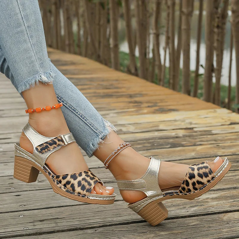 Lightweight Leopard Print Thick Heel Sandals Women Summer High Heels Platform Sandles Woman Ankle Strap Non Slip Beach Sandalias