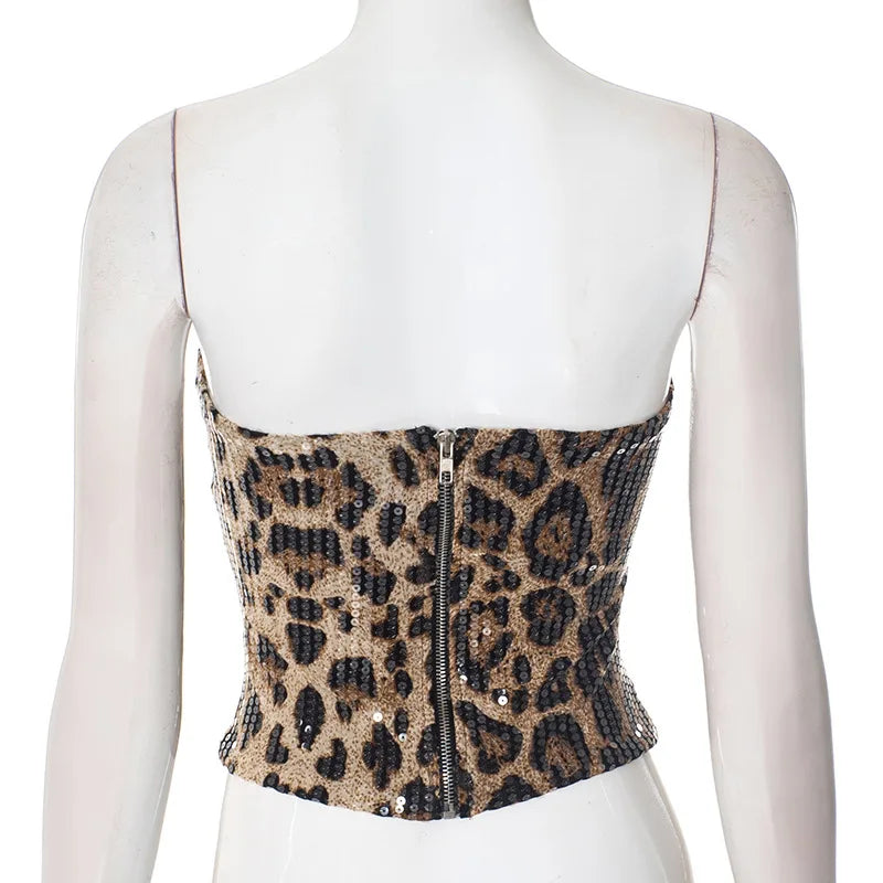 Sexy Chic Leopard Printed Corset Tops Women's Fashion Skinny Zip-up Sequins Crop Tops Strapless Night Club Outfit Streetwear