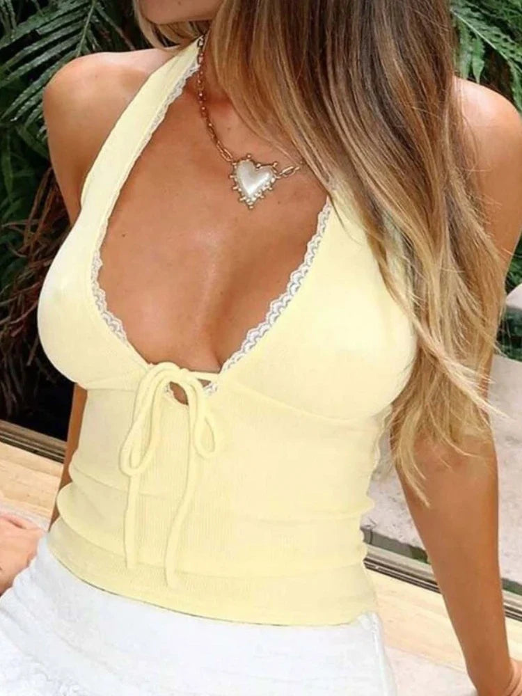 FDYOUI Deep V-neck Lace Patchwork Corset Top for Women 2026 Summer Sexy Off Shoulder Backless T-shirt Ladies Skinny Crop Tops