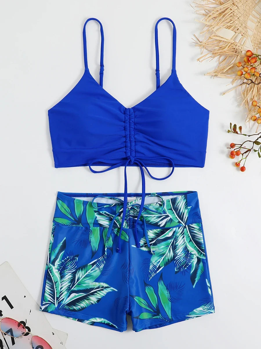 Tropical Print Drawstring Bikini 2026 Women High Waist Swimsuit Tie Front Shorts Swimwear Female Bathing Suit Swimming Summer