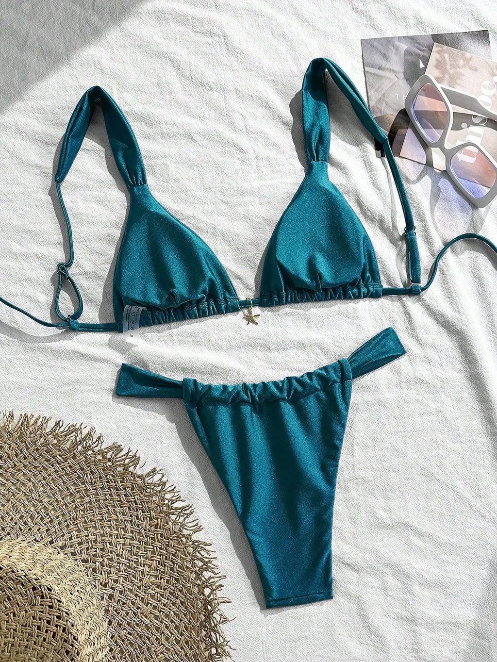 Sexy Starfish Ornament Bikini Set 2026 Women Sky Blue Pleate Push Up Bra Pleate Thong Swimwear Beach Bathing Suit Micro Swimsuit